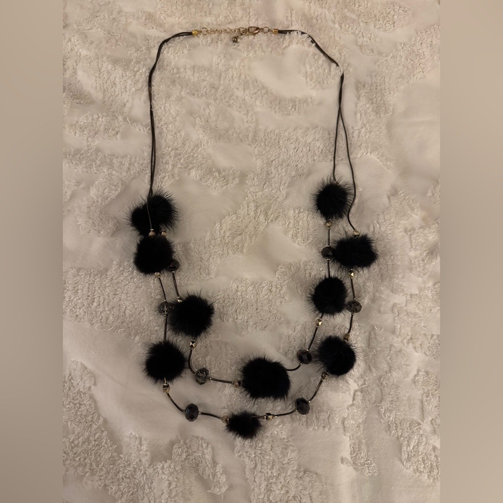Black/Gold/Beaded/Pom Pom Necklace